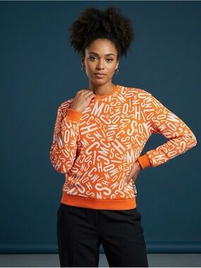 Moschino Orange Allover Letter Print Crewneck Sweatshirt Pullover size XS